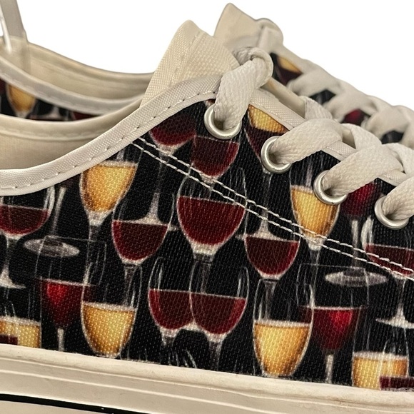Canvas Sneakers Womens 6 Black Multicolored Cap Toe Lace Up Wine Glass Print - Picture 3 of 9